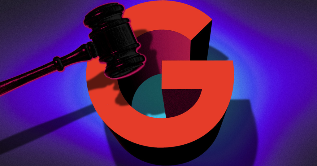 Photo illustration of a gavel casting a shadow over the Google logo